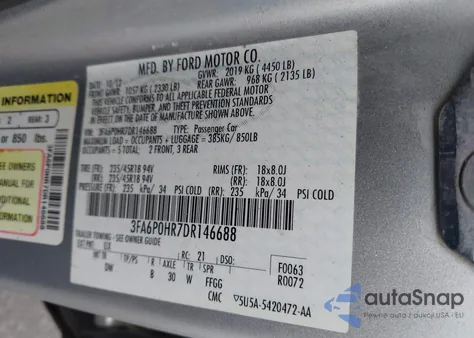 2013 Ford Fusion Se z USA, uszkodzony, nr VIN 3FA6P0HR7DR146688